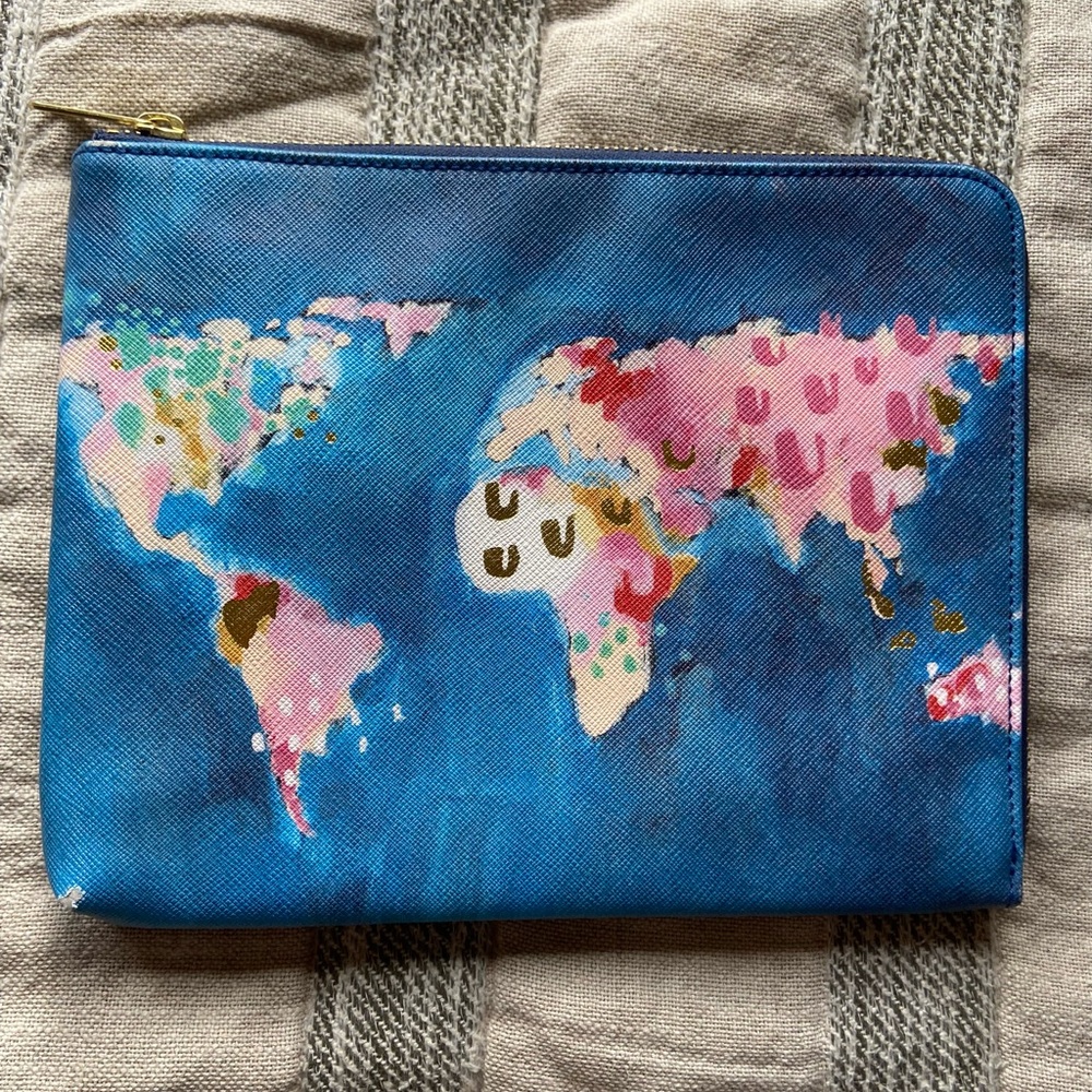 Colorful World Map Zip Pouch - Blue & Pink Travel Clutch